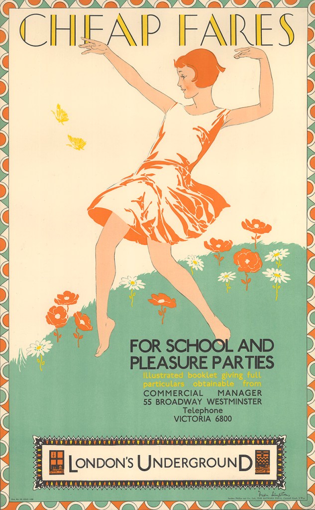 Freda Lingstrom, Cheap fares for school and pleasure parties (1929). © TfL from the London Transport Museum collection