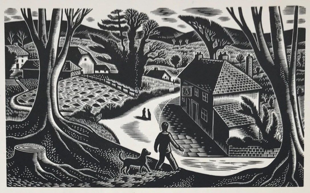 A black and white wood engraving which shows a man and a dog walking through a forest to get to a village pub. They are surrounded by trees and fields.